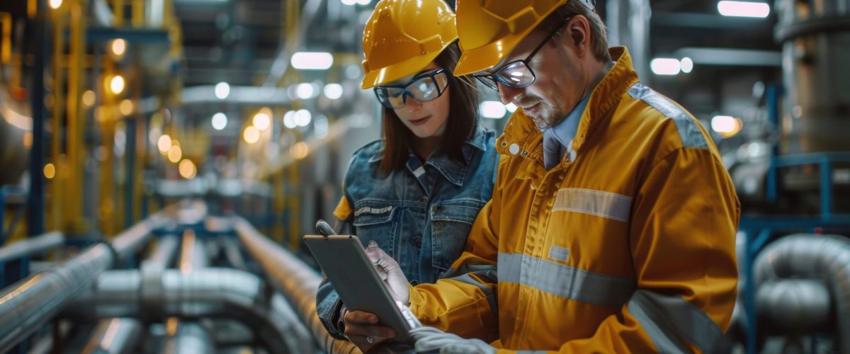 Asia oil and gas production control engineer or supervisor with digital pad monitoring natural gas supply and distribution in refinery Installation view of natural gas refinery pipes